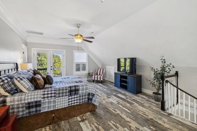 bedroom with french doors, access to outside, wood-type flooring, vaulted ceiling, and ceiling fan