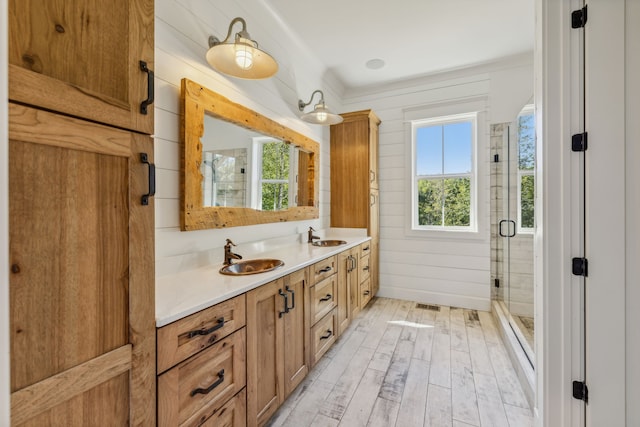 bathroom featuring vanity, wood walls, a shower with shower door, and plenty of natural light