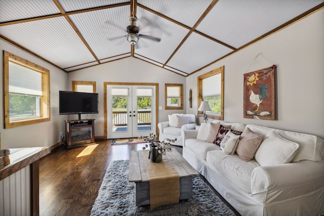 living room featuring dark hardwood / wood-style flooring, french doors, vaulted ceiling, and ceiling fan