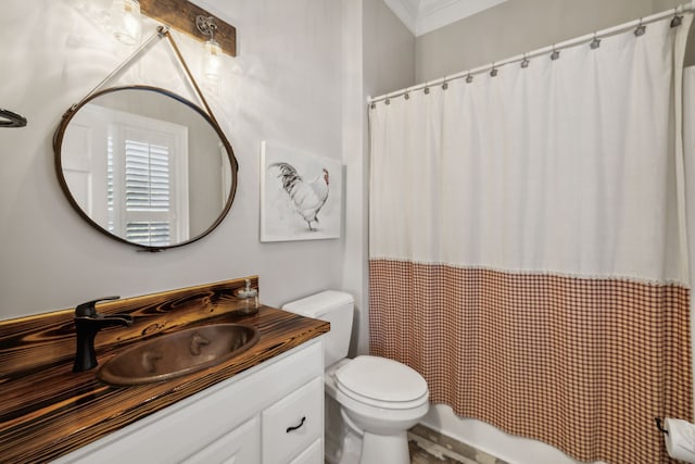 bathroom with toilet, crown molding, walk in shower, and vanity