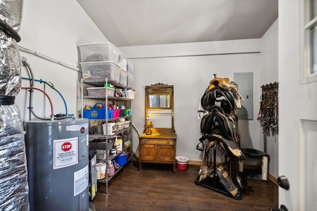 storage room featuring water heater and electric panel