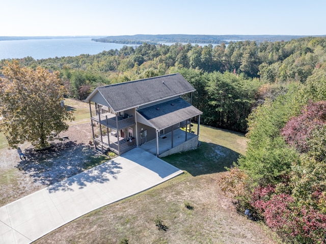 drone / aerial view featuring a water view