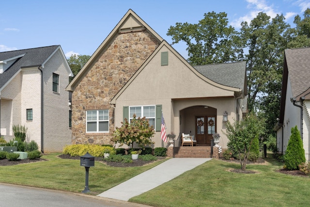 view of front facade with a front lawn and central air condition unit