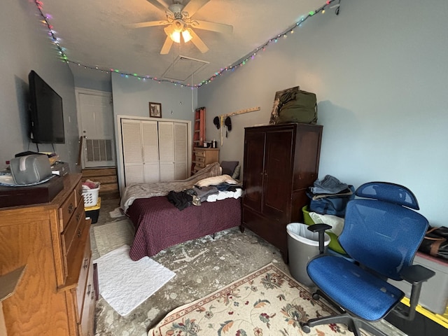 bedroom featuring a closet and ceiling fan