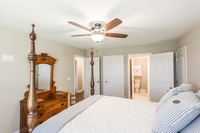 bedroom featuring connected bathroom and ceiling fan