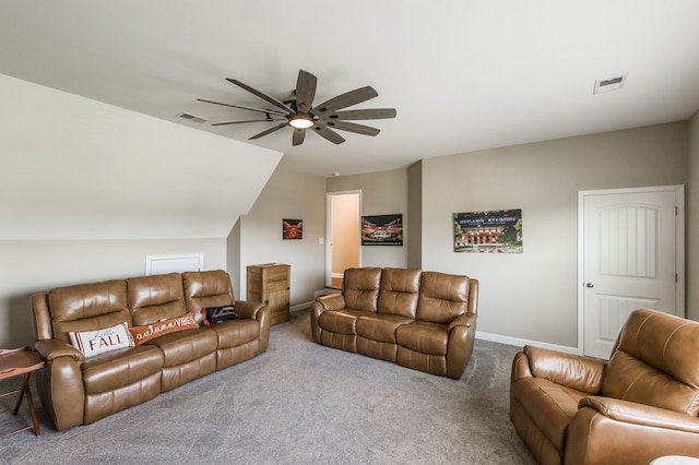 living room with vaulted ceiling, carpet flooring, and ceiling fan