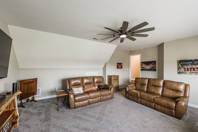 carpeted living room featuring lofted ceiling and ceiling fan