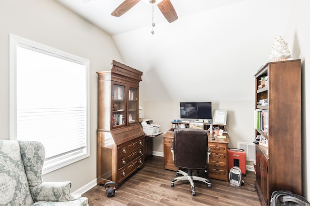 home office with ceiling fan, lofted ceiling, and dark hardwood / wood-style floors