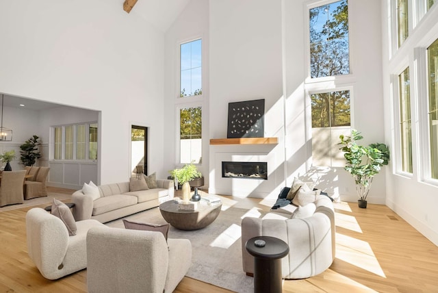 living room with a high ceiling and light wood-type flooring