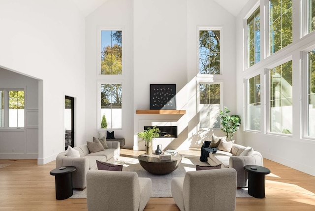 living room featuring high vaulted ceiling and light wood-type flooring