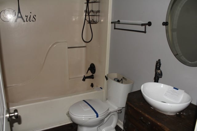 full bathroom with toilet, bathtub / shower combination, vanity, and a notable chandelier