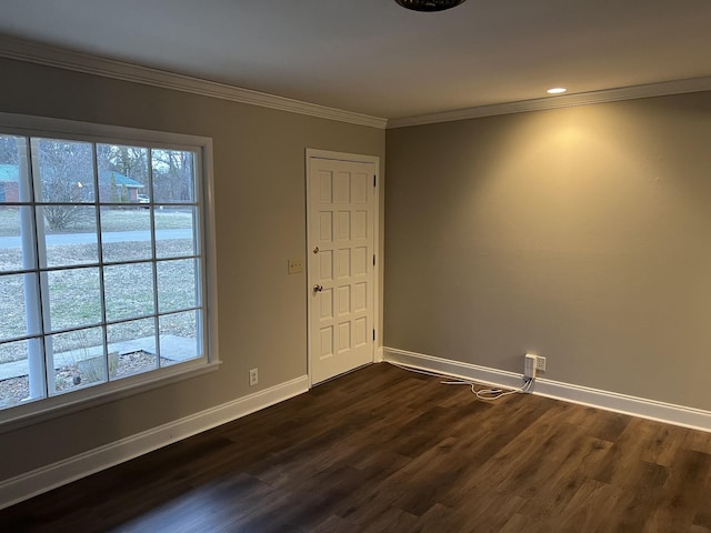 empty room with crown molding, dark hardwood / wood-style floors, and a healthy amount of sunlight