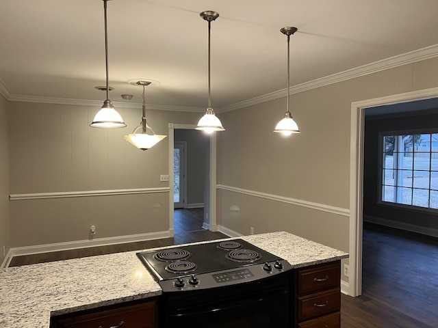 kitchen with electric range, ornamental molding, decorative light fixtures, and dark wood-type flooring