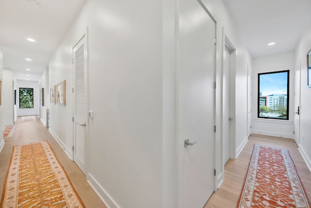 hall with light hardwood / wood-style floors and a wealth of natural light