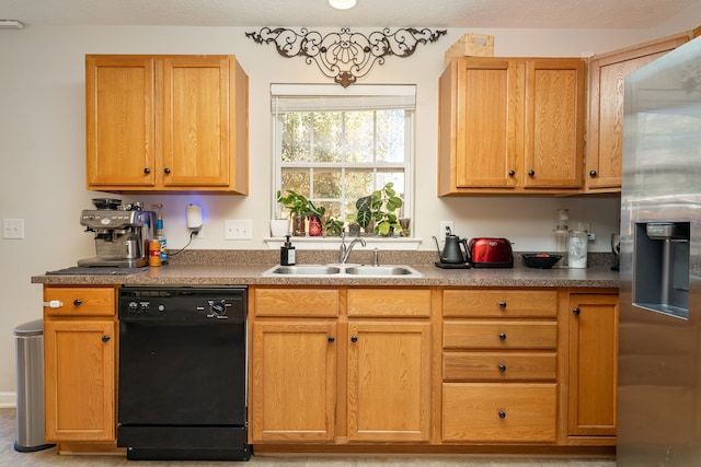 kitchen with sink, a textured ceiling, dishwasher, and stainless steel refrigerator with ice dispenser