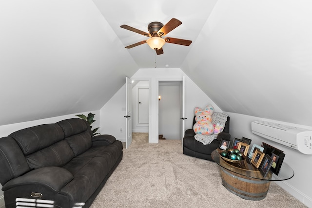 living room with light carpet, vaulted ceiling, and ceiling fan