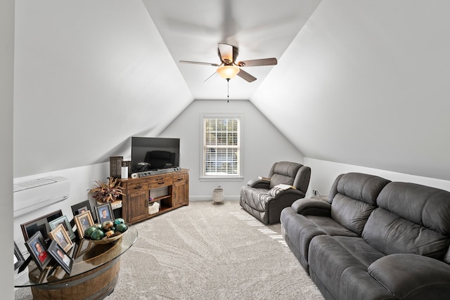 carpeted living room with lofted ceiling and ceiling fan