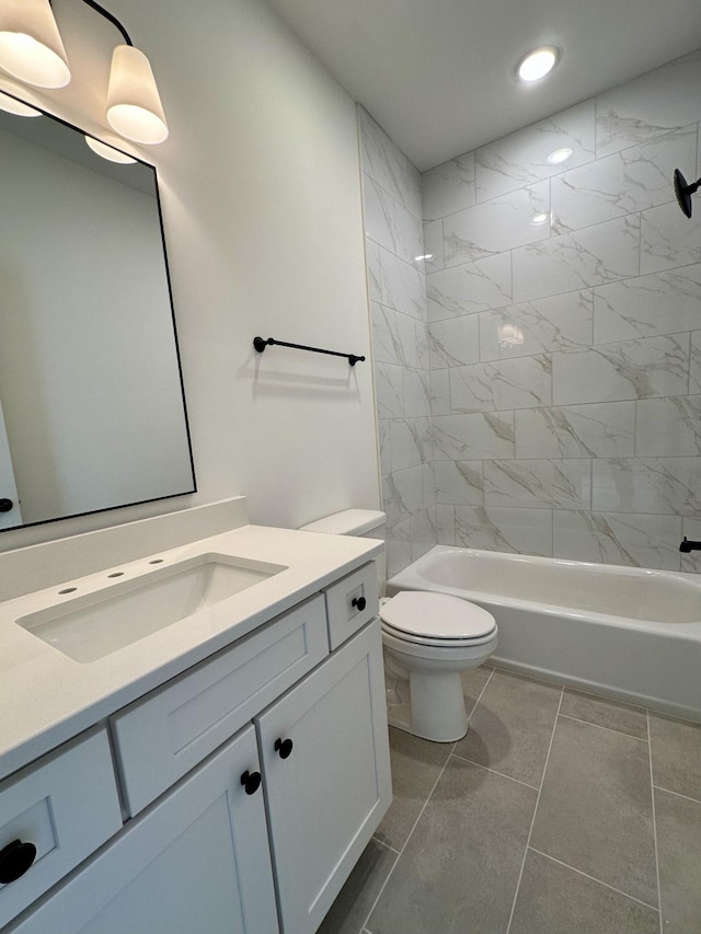 full bathroom with toilet, recessed lighting, washtub / shower combination, and vanity