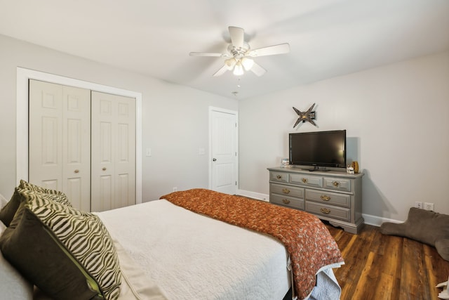 bedroom featuring a closet, dark wood-type flooring, and ceiling fan