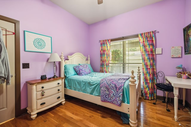 bedroom featuring ceiling fan and wood-type flooring