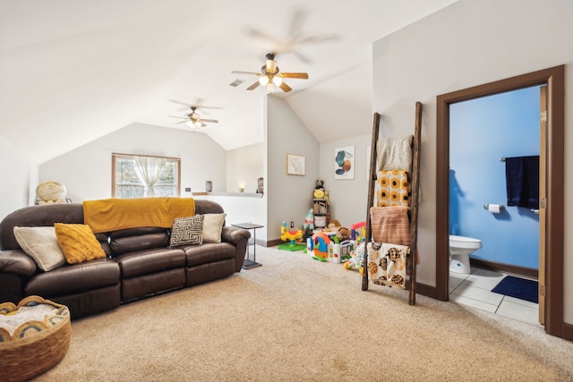 living room with lofted ceiling, carpet flooring, and ceiling fan