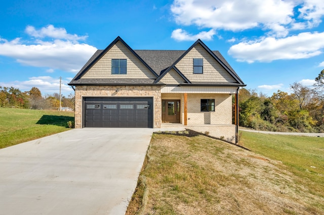 craftsman house featuring covered porch, a garage, and a front lawn