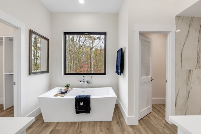 bathroom with a washtub, vanity, and hardwood / wood-style floors