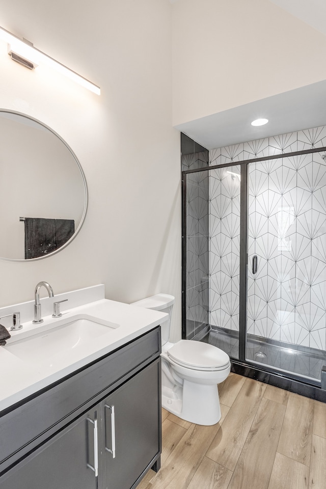 bathroom with vanity, toilet, and a shower with shower door