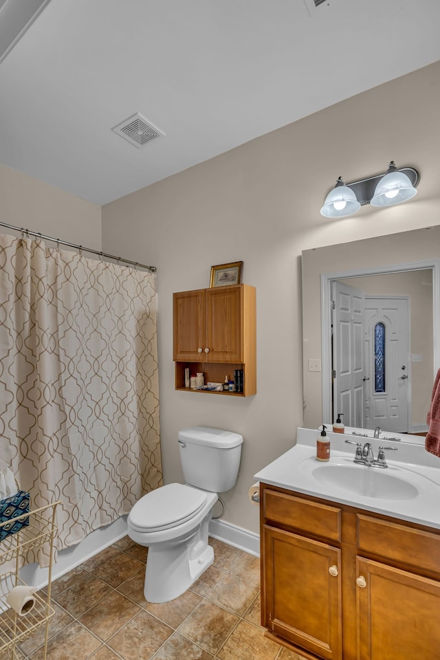 full bathroom featuring vanity, toilet, and shower / bathtub combination with curtain