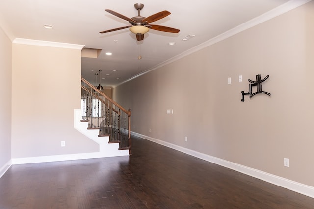 interior space with ornamental molding, dark hardwood / wood-style floors, and ceiling fan