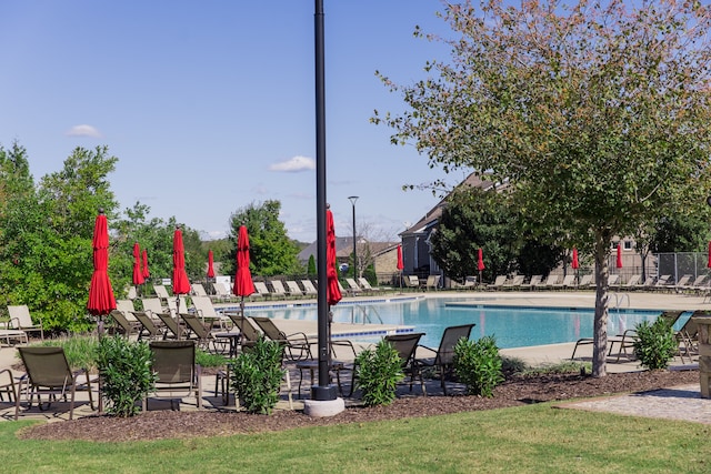 view of swimming pool with a patio area