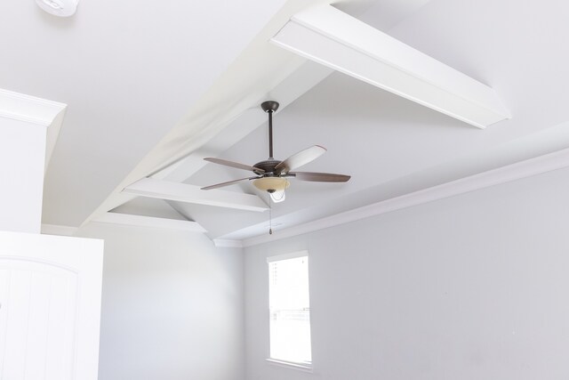 interior details with ornamental molding and ceiling fan