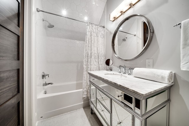 bathroom with vanity, shower / bath combination with curtain, and tile patterned floors