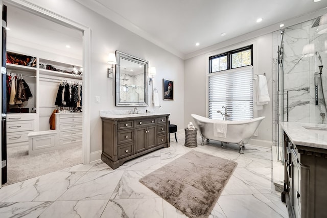 bathroom featuring vanity, ornamental molding, and independent shower and bath