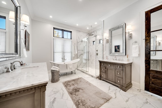 bathroom featuring vanity, separate shower and tub, and ornamental molding