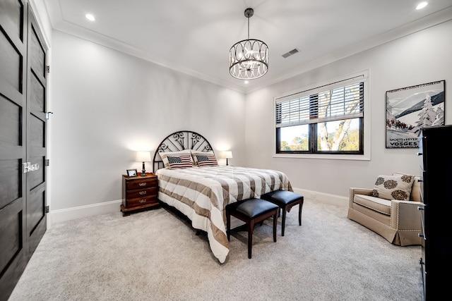 bedroom featuring crown molding, a notable chandelier, and light colored carpet