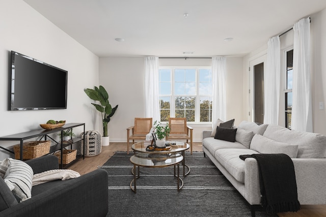 living room with dark wood-type flooring