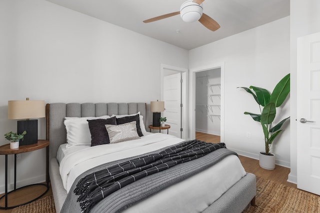 bedroom featuring a closet, a spacious closet, hardwood / wood-style flooring, and ceiling fan