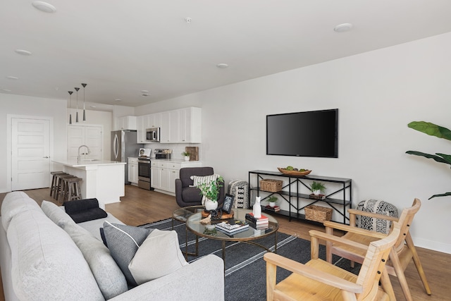 living room with dark hardwood / wood-style floors and sink