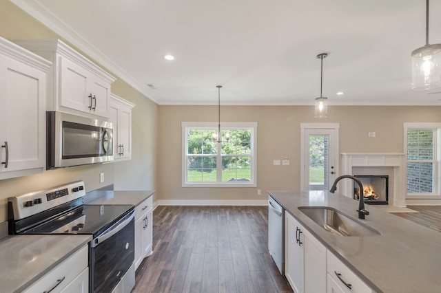 kitchen with white cabinets, a high end fireplace, a sink, appliances with stainless steel finishes, and dark wood-style flooring