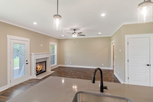 kitchen featuring ornamental molding, a ceiling fan, and wood finished floors