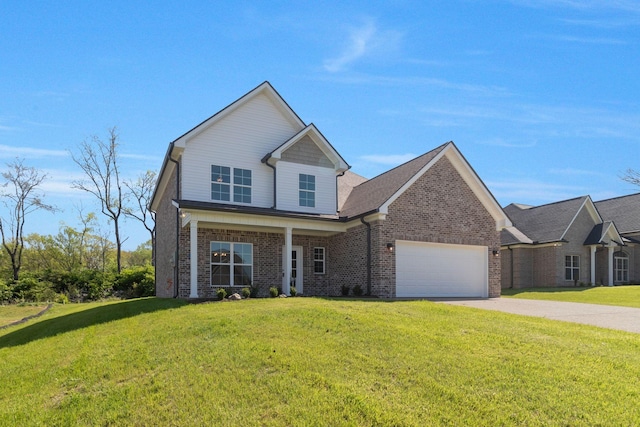 traditional-style house with driveway, a front lawn, brick siding, and a garage