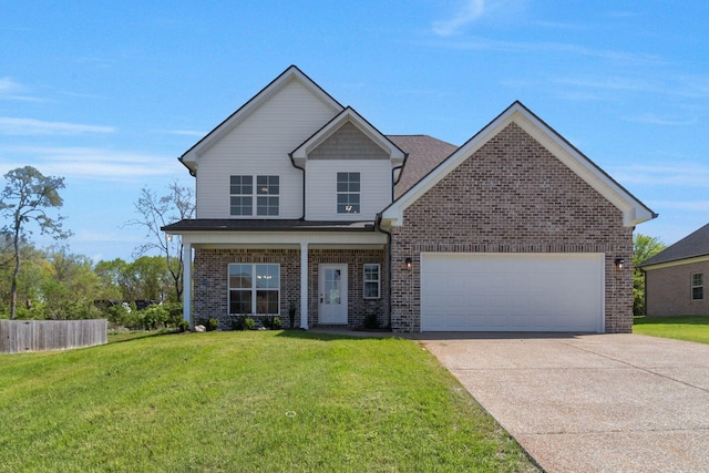 view of front of property featuring a front lawn, driveway, brick siding, and a garage