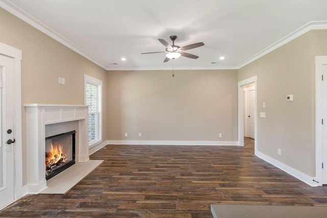 unfurnished living room featuring a premium fireplace, a ceiling fan, wood finished floors, and recessed lighting