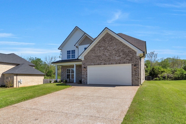 view of front facade featuring concrete driveway, brick siding, a front yard, and a garage