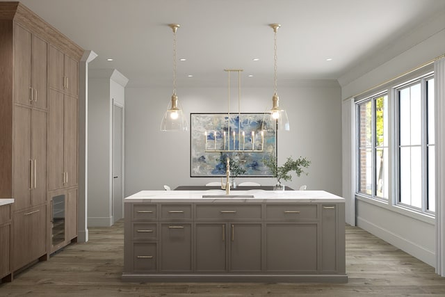 kitchen featuring a kitchen island with sink, hardwood / wood-style floors, sink, pendant lighting, and gray cabinets