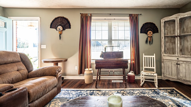 living room featuring dark wood-type flooring, a textured ceiling, and a wealth of natural light