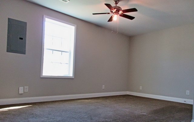 unfurnished room featuring ceiling fan, carpet flooring, and electric panel