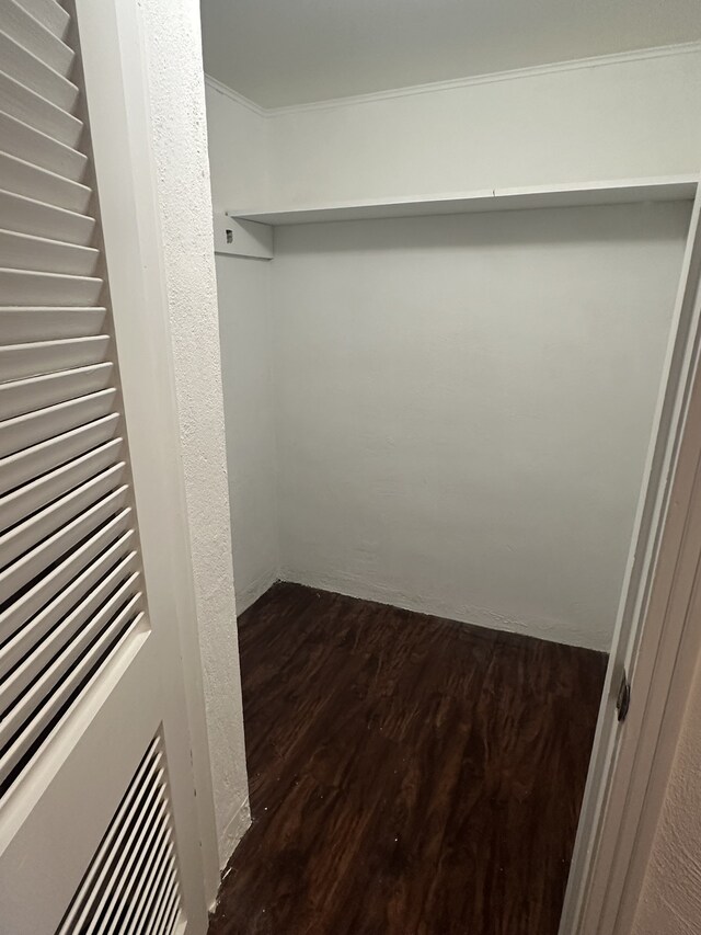 walk in closet with dark hardwood / wood-style flooring