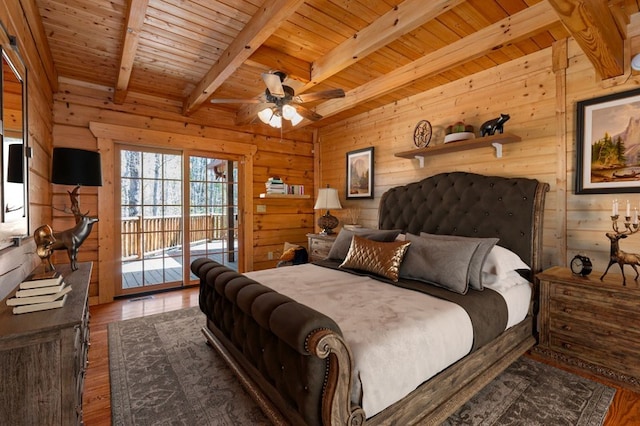 bedroom featuring wood-type flooring, wooden ceiling, wooden walls, beamed ceiling, and access to exterior